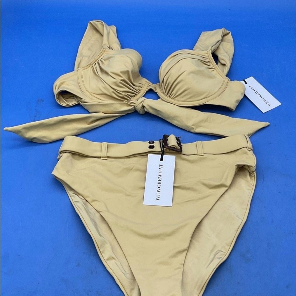 WeWoreWhat Beige/Desert Underwire Bikini Top with High-Waist Belted Bottoms